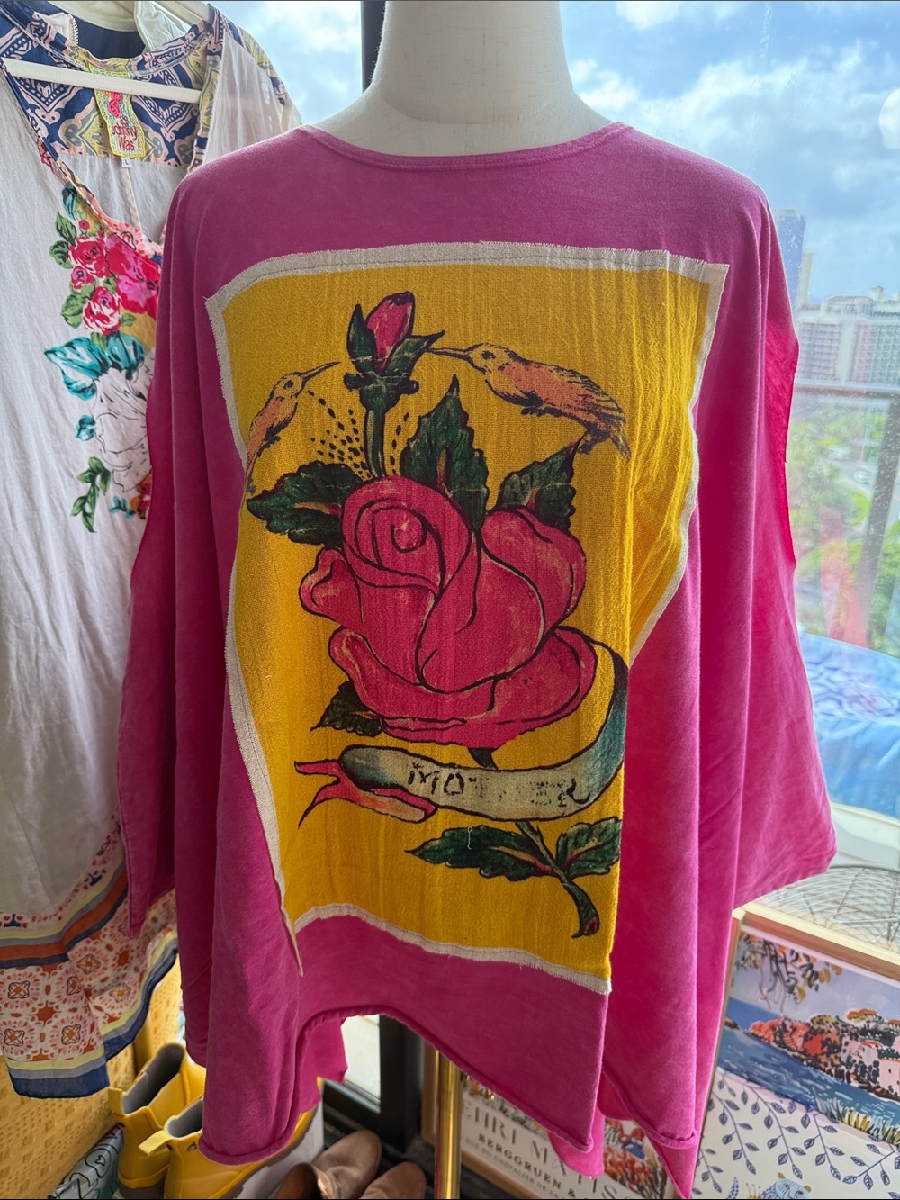 I Love Linen Hot Pink Floral Graphic Poncho